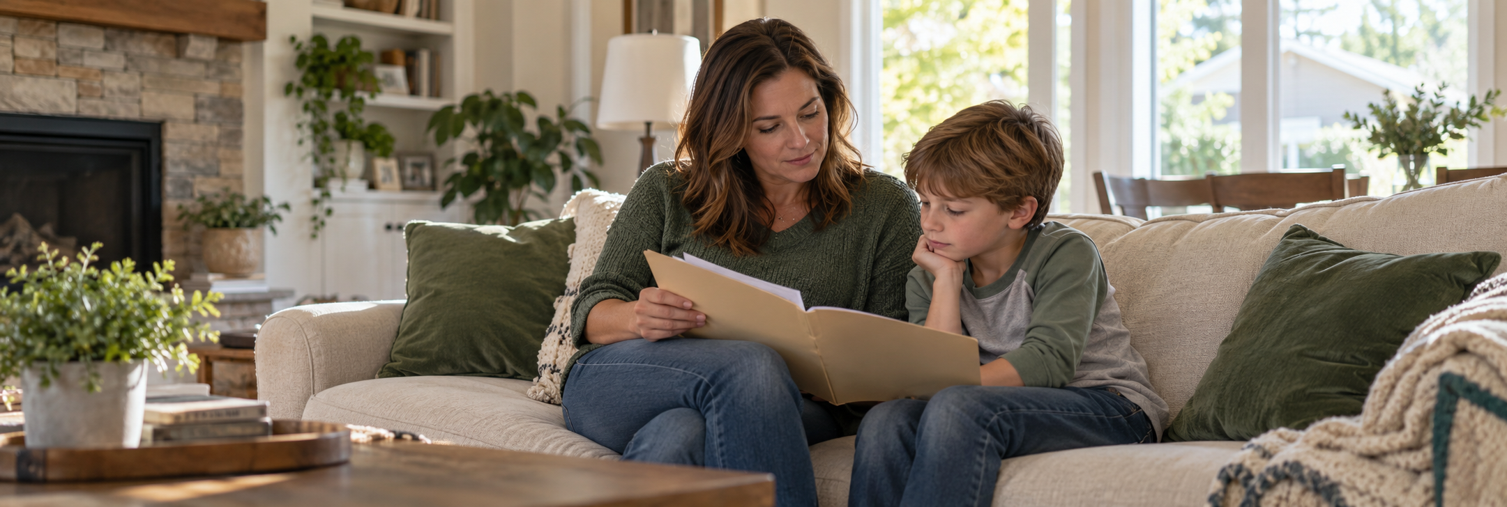 Mother and child reviewing a folder together at home